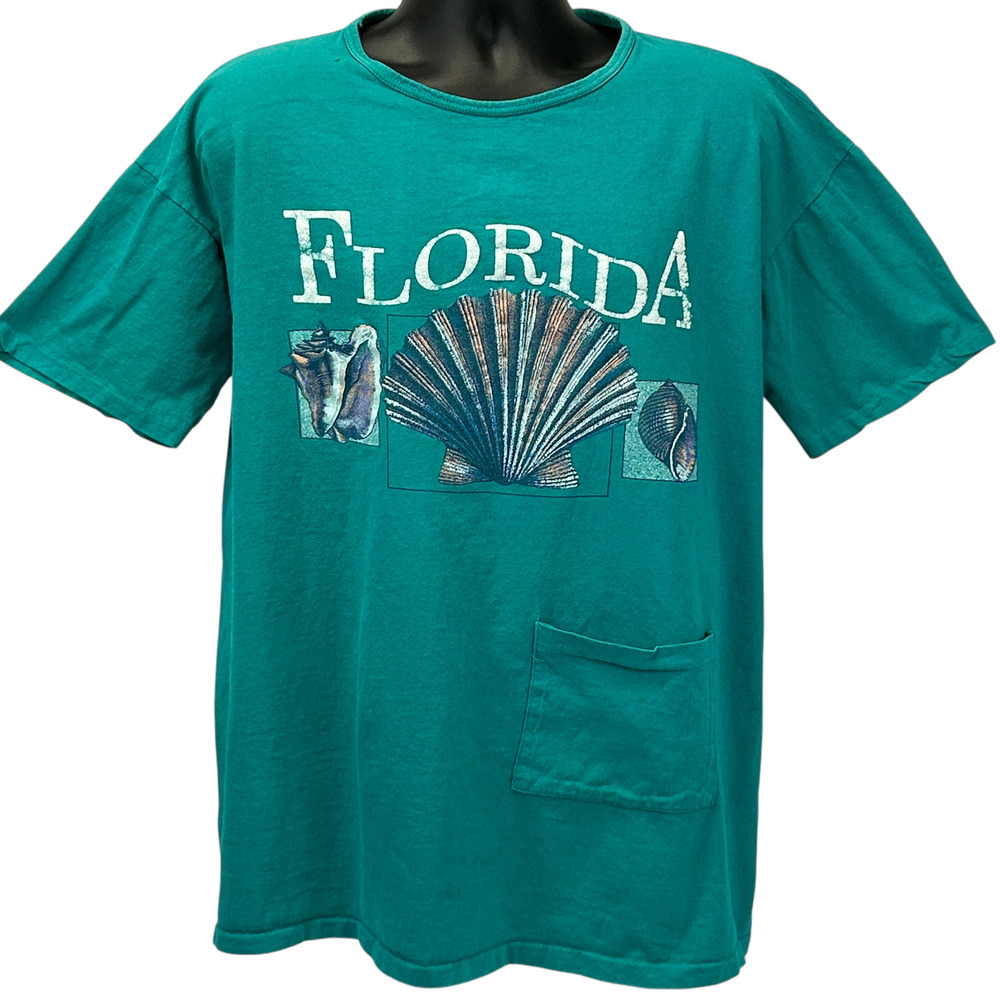 Vintage 90s Florida Beach Cover Up T Shirt Unisex OSFM Green Seashells Pocket